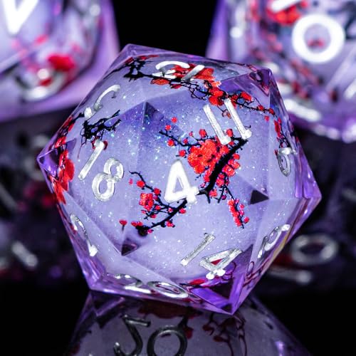 OUKELANWO Liquid Core DND Dice Set for Role Playing Gaming, Purple Plum Blossom Polyhedral Dice with Box, Polyhedral Resin Sharp Edge D and D Dice Set D20 D12 D10 D8 D6 D4