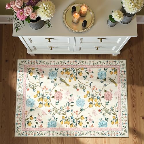 JINCHAN 2x3 Area Rug, Washable Floral Rug Non Slip Soft, Beige/Pink