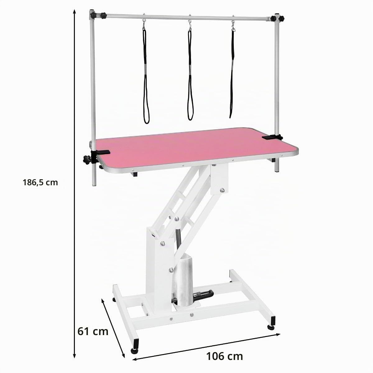 Table Toilettage Hydraulique - Cadre Acier Blanc Robuste & Plateau Antidérapant Rose 106 x 61cm - Hauteur 55 à 100cm - Capacité 180 kg - Toilettage Chien Animaux Professionnel.[3 Sangles INCLUSES]