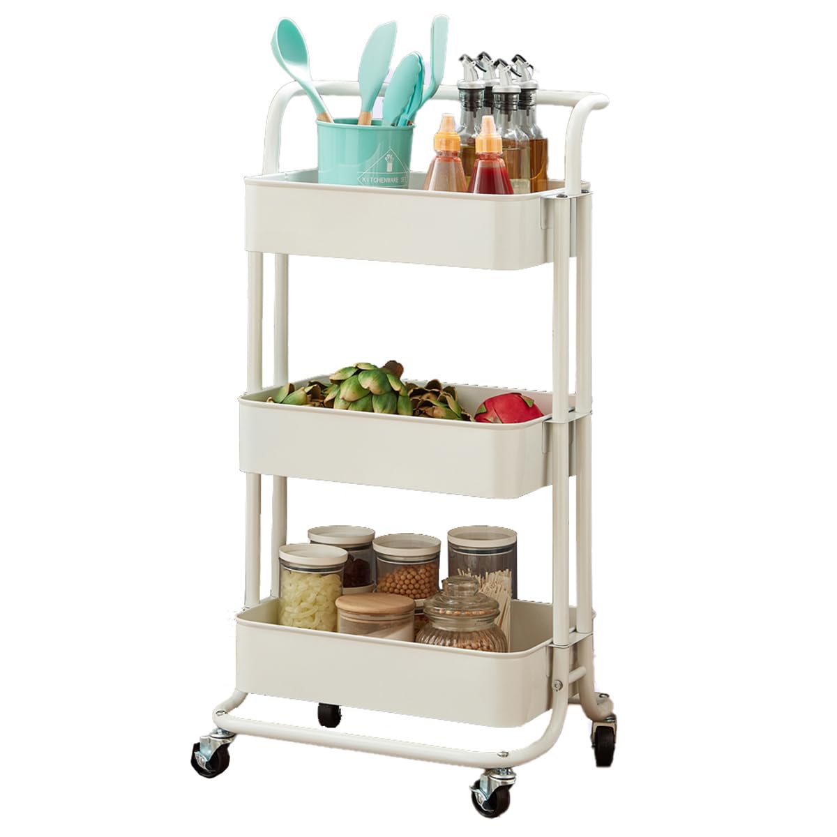 Direct Online Houseware 3-Tier Utility Cart Metal Rolling Trolley with Shelves White Organizer 90 x 40 x 35 cm