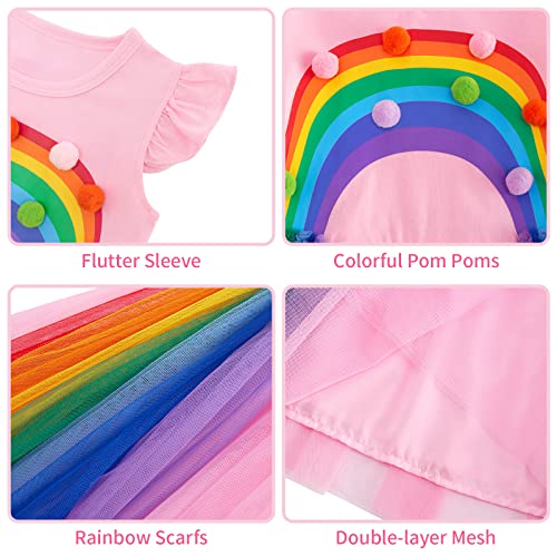 4T Rainbow Dress 5T Flutter Sleeve Pink Tutu Dress For Girls Casual Dresses Back To School Clothes #TOP7