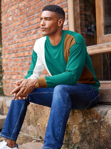 Image of Runcati Mens Color Block Sweatshirt Pullover Crewneck Long Sleeve Fleece Casual Ribbed Patchwork Fall Tops