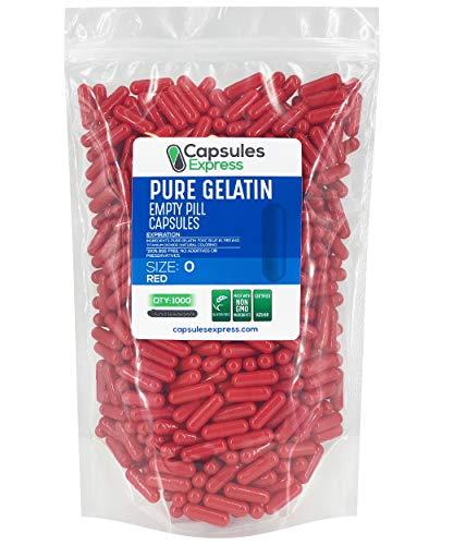 Capsules Express- Size 0 Red Empty Gelatin Capsules 1000 Count - Kosher and Halal - Pure Gelatin Pill Capsule - DIY Powder Filling