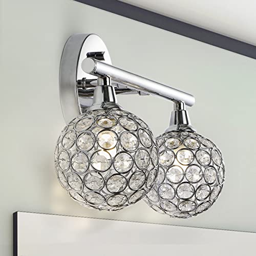 Image of JONATHAN Y 13 inch Chrome Maeve Modern Glam LED Vanity Light Sconce for Bathroom, Clear Crystal Globe Shade, Art Deco Wall Light for Hallway Entryway (JYL7535A)