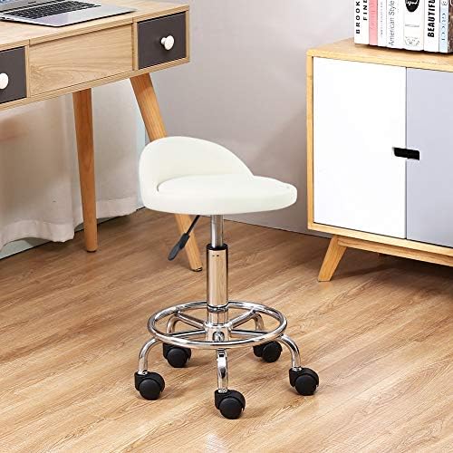 KKTONER PU Leather Round Rolling Stool with Foot Rest Height Adjustable Swivel Drafting Work SPA Task Chair with Wheels (White)