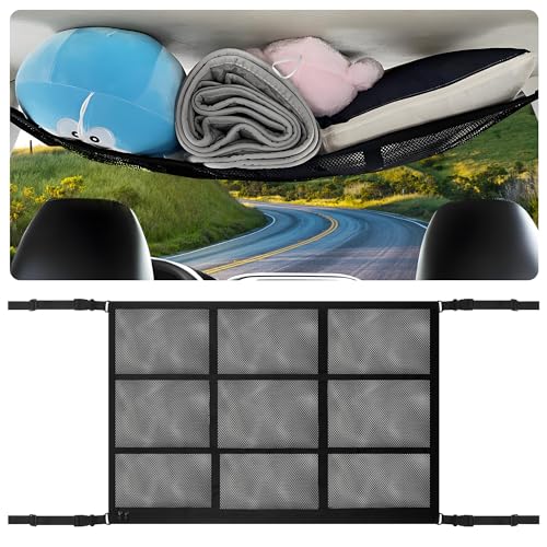 Gepäcknetz Auto, Doppellagige Autodach Aufbewahrung für Decken, Autonetz Organizer für Vier Dacharmlehnen, Universal Autodach Gepäcknetz Decke, Netztasche mit Reißverschluss, 90X65CM