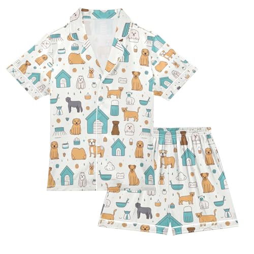 senya Dog in House Satin Summer Pajama Sets Silk Short Sleeve Button Down Sleepwear