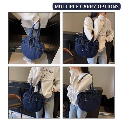 Stylish Round Denim Shoulder Bag with Bow, Lightweight Tote Bag for Women, Casual Retro Aesthetic Handbag for Work Travel4