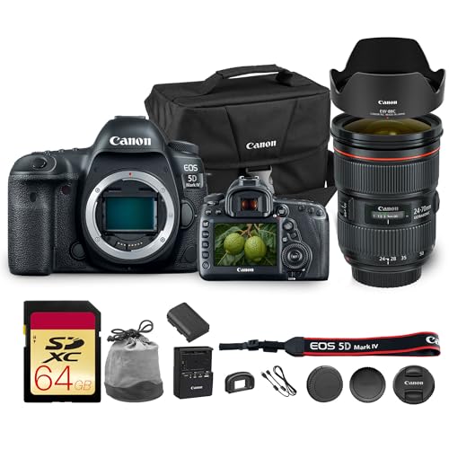 Canon EOS 5D Mark IV DSLR Camera 30.4MP Full Frame with 4K Video, Dual Pixel AF, Wi-Fi, GPS | Pro Photography Camera for Portraits, Landscapes, and Video + Canon EF 24-70mm Lens + Bag + 64GB Card