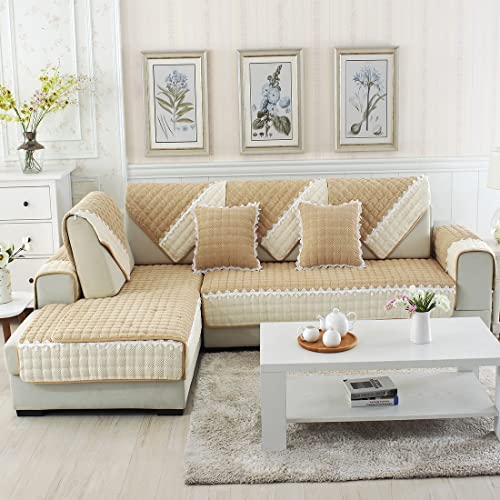 Xslive Corduroy Plaid Sofa Cover Farmhouse Color Block Sectional Couch Cover With Lace Non-Slip Sofa Slipcover Furniture Protector For Dogs Pets Kids,1 Piece/Not All Set (Beige,43"X94") #TOP17