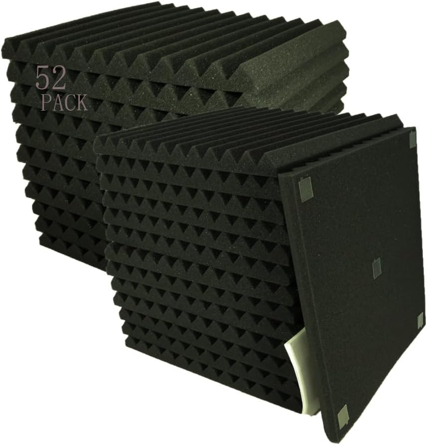 52 Pack 12 "X 12 "X1" Acoustic Panels Studio Soundproofing Foam Wedge Tiles, (52BLACK)