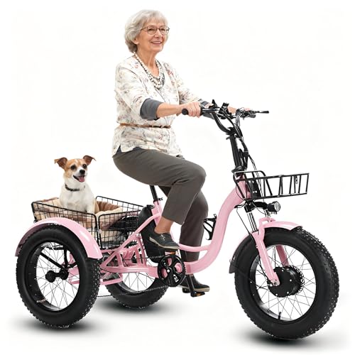 flatpincololee Elektro Dreirad Fahrrad 500W Motor, 48V Herausnehmbarer Power – 20' Geländereifen,Doppelscheibenbremse,Stabiler Rahmen,LED Display,Großer Korb,Dreirad für Erwachsene Elektro Pink