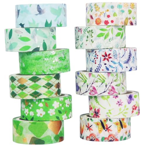 LALAFINA 12 Rollos cinta washi planificador pegatinas álbum de recortes linda cinta Decoración manualidades Washi tape de diseño floral cintas decorativas cintas washi de diario Papel Green