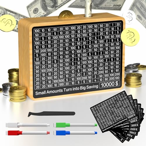Cash Vault Wooden Savings Box 10000 with 8 Targets($500-$10K)，Reusable Wooden Money Saving Box 10000 Savings Challenge Box, Caja De Ahorros 10000, Wooden Money Box for Cash 10000, Kekeibo Money Box