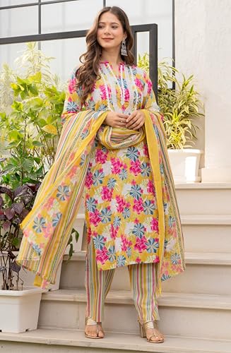 Image of Amayra Women's Pure Cotton Straight Kurta Set with Palazzo Pants & Dupatta|Ethnic wear|Kurti Suit Set for Women