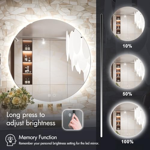 Image of Backlit Round LED Mirror 3 Color Lights, Anti-Fog, Dimmable, Memory Function for Bathroom Vanity (90X90 CM)