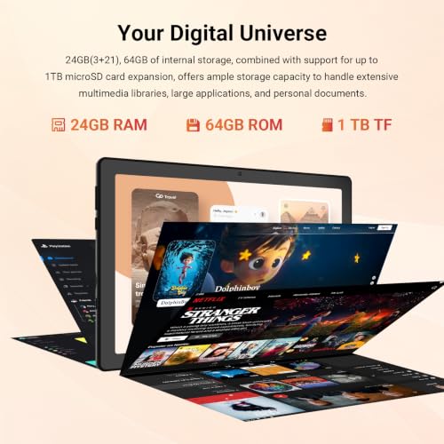 Image of Gleeso Tablet, 2026 10 Inch Android 16 Tablet, 24GB+64GB+1TB TF, 6000mAh Battery, Fast Charging, HD Display, Widevine L1, Dual Camera, Face ID, Split Screen, Light, Portable