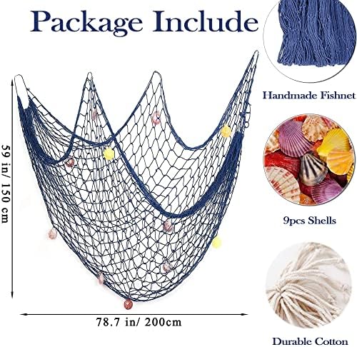 Nicola Decorative Fishing Net Blue Fishing Net Decorations with 9 Shells, 59 * 78 Inch Cotton Decorative Fish Net, Fish Net Wall Hanging Decor for Nautical Themed Beach Party