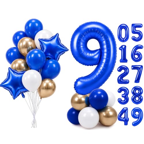 Image of PartyWoo Royal Blue Number 9 Balloon 40 Inch 25pcs Blue Star White Gold