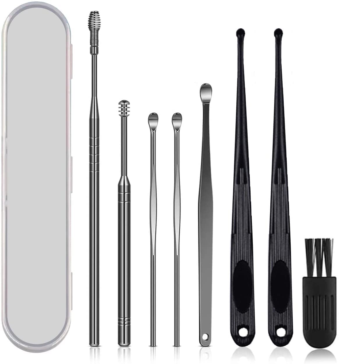 Sunomy Ear Wax Removal Kit, Ear Cleansing, Cleaning Brush and Storage Box, One-Piece Ear Picker Design for Adults and Kids (8 pcs, black brush)