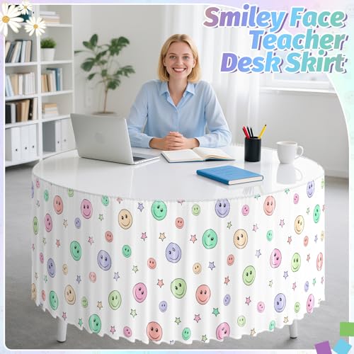Image of 14FT Ruffle Smiley Face Table Skirt Pastel Teacher Desk Skirt for Classroom Decor Rectangle Table Cloth for Back to School Decorations Colorful Birthday Party Supplies Office Dorm Bookcase Cabinet