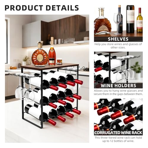 IDUNSEED Black 3-Tier Wavy Wine Rack for 12 Bottles, Freestanding Metal Wine Storage with Top Tabletop Shelf and Side Wine Glass Holder, Ideal for Bar Counter, Cabinet, Pantry and Small Spaces
