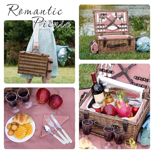 Image of Picnic Basket Set for 4 Persons with Cooler and Waterproof Picnic Blanket, Classical Wicker Picnic Baskets with Waterproof & Sand-Proof Beach Mat,Willow Hamper Service Gift Set