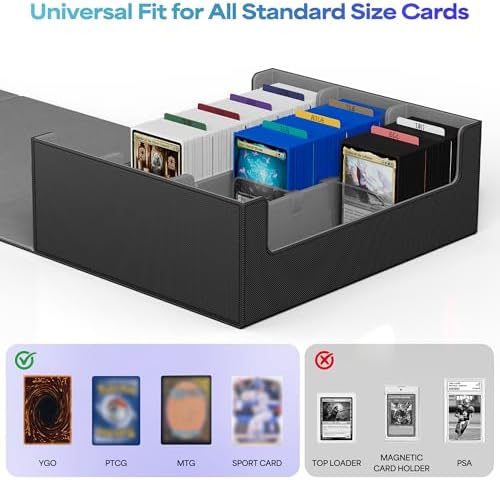 UAONO Trading Card Storage Box, Holds 1800+ Sleeved Cards with 10 Dividers & 3 Stoppers, Card Organizer for TCG/Magic/Mtg storage and Collection, 3-Row Black&Gray - 1
