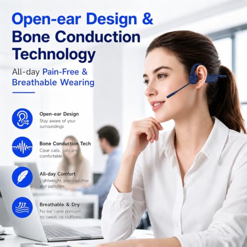 Image of Open-Ear Headphones with Noise-Canceling Mic, Bone Conduction Headphones | AI ENC Noise Cancellation, One-Click Mute, Magnetic Charging, Bluetooth 6.0, Dual Device Connection, for Drivers Learners