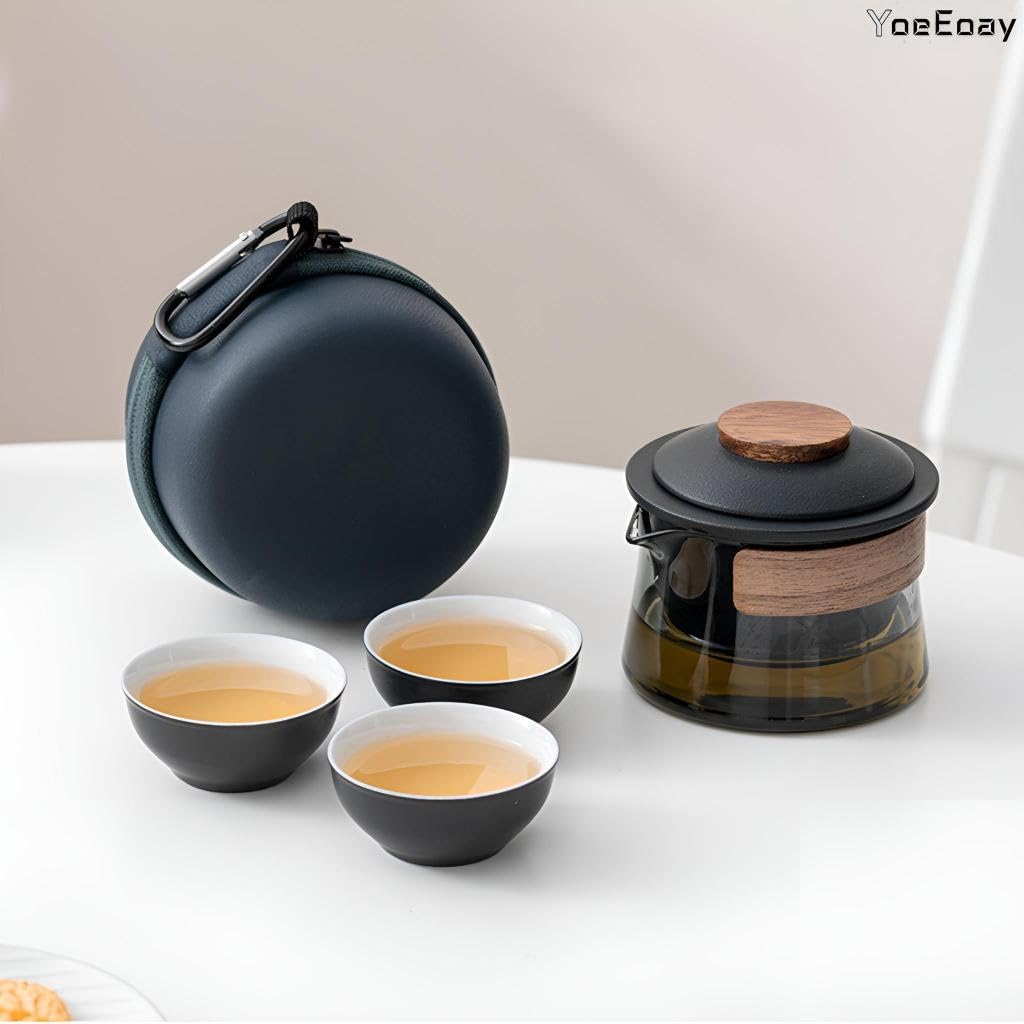 Gaiwan Mit 3 Teetasse, Mini Tragbare Reise Tee Set Mit Reisetasche,chinesische Kung-Fu-Teekanne, Teekanne Glas Mit Walnuss Hölzerne Zwinge, Teekanne Mit 3 Teetassen Und Teetuch - Schwarz