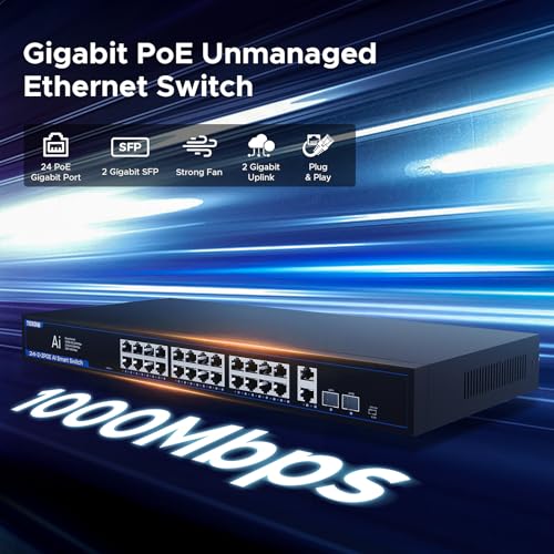 Image of PoE+ Ethernet Switch,IEEE802.3af /at, Up to 30W,Base-T,Desktop /Wall Mount, for AP & IP Cameras,Home,Gaming,Office,Plug & Play | Shielded Ports | Fanless Quiet,1 Gigabit 28 Port,320W