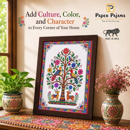 Image of PAPER PAJAMA Tree of Life Wall Art for Living Room | Madhubani Bird & Deer Painting | Traditional Mithila Folk Artwork Framed Home Decor for Bedroom, Office & Hall (10x13 Inches)