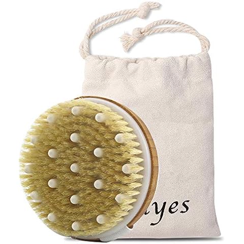 Ithyes Body Brush Dry Brushing Bath Brush Gentle Skin Exfoliate Massage Scrub 100% Nature Boar Bristles Bamboo Wood Improve Blood Circulation Wet & Dry Smooth Fresh Treatment,with Canvas Bag Cover