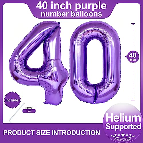 Image of Number 40 Purple Balloons 40 Inch Giant Purple Fiol 40 Helium Balloons for 40th Purple Birthday Party Supplies 40th Anniversary Events Decorations