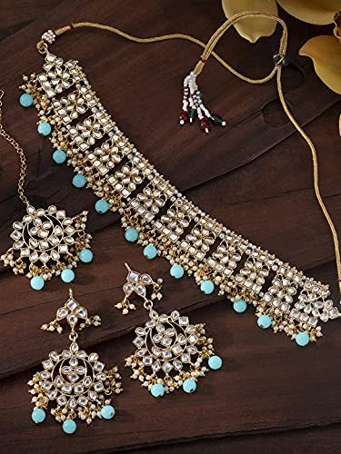 Image of Aheli Elegant Indian Faux Kundan Studded Choker Necklace with Maang Tikka Set Ethnic Wedding Wear Bharatanatyam jewellery set Gift for Women