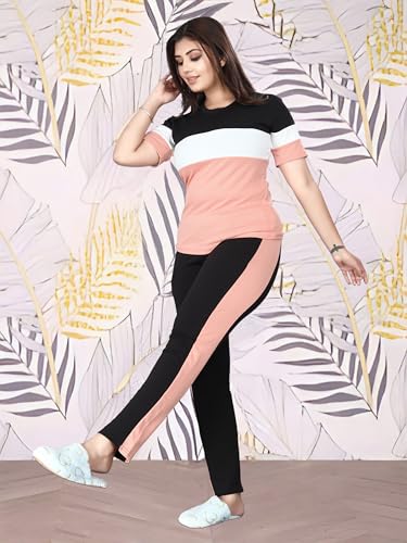 Image of Cotton Blend Tracksuits for Women Half Sleeves Round Neck Woman Workout T-shirt & Pant for Sports Comfortable and Breathable Gym Wear for Womens Tracksuit Set with Top & Bottom Pants