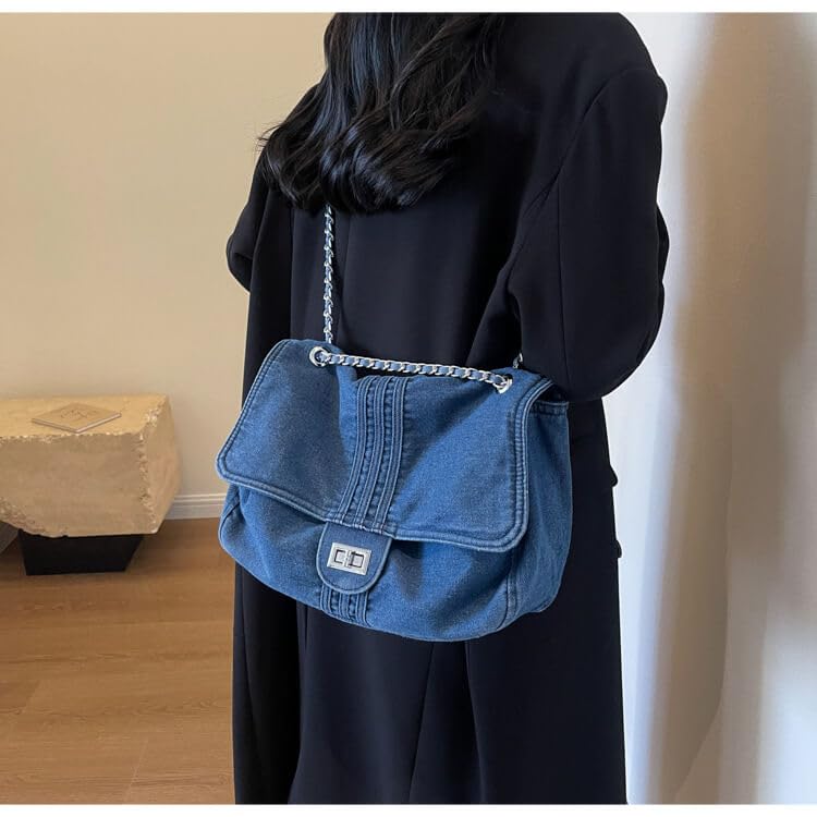 Denim Crossbody Shoulder Bag For Women,Washed Jeans Handbags Totes With Chain Straps,Denimflap Quilted Bag 20243