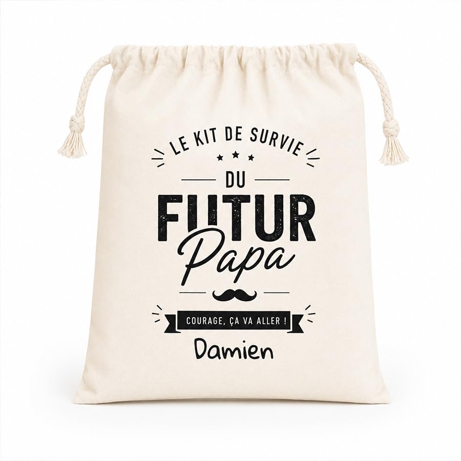 Grande pochette personnalisable avec cordons 30 x 40 cm – Sac polyester personnalisé multifonction (Futur papa)