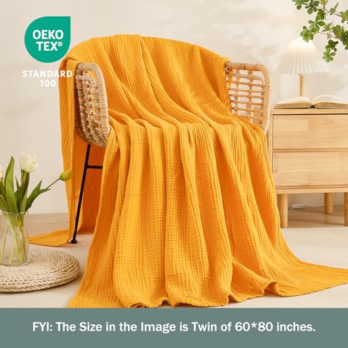 Image of EMME Muslin Blankets for Adults Throw Blanket for Couch Breathable Gauze Soft Lightweight Airy Mustard Yellow Throw 50 inch x 60 inch
