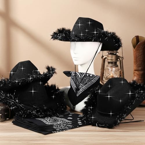 Image of Coume 12 Pcs Sparkly Adults Cowboy Hat and Bandanas Women Men Western Glitter Cowgirl Party Hats with Adjustable Drawstring