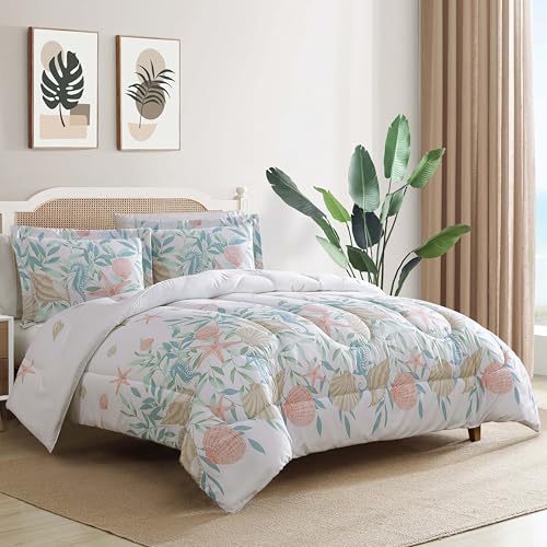 CARIBBEAN JOE Full/Queen 3-Piece Comforter Set, Tropical Coastal Beach Design Bedding, Coastal Bouquet