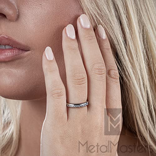 Metal Masters 3MM High Polish Princess Cut Ladies Eternity Titanium Ring Wedding Band with Cubic Zirconia CZ Size 4 To 93