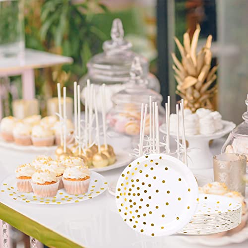 Cenlbj White And Gold Party Supplies, Gold Dot Paper Dessert Plates (50-Count) #TOP6