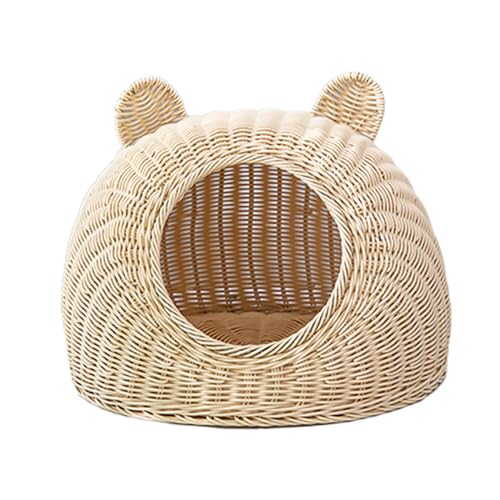 BURLOE Cuccia Per Gatti in Plastica Di Vimini Per Gatti Domestici, Cuccia Per Con Orecchio Di Gatto Carino Grotta Tessuta A Mano Semichiusa Per Gatti in Rattan,Beige,29cm