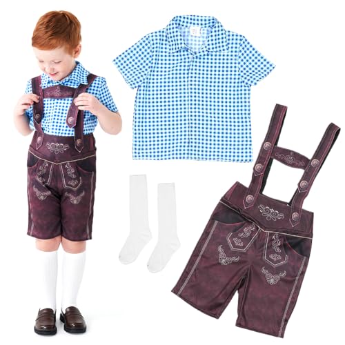 Trachtenset Kinder, Trachtenhemd Jungen, Oktoberfest Kostüm Set Jungen, Lederhose Kinder, TrachtenlederhosenFestliche, mit Trachtenhemd und Trachtensocken, Kleidung Bayerlsches für Bierfest, Volksfest