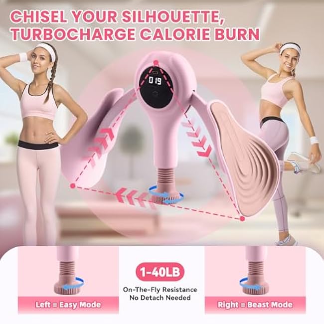 Pelvic Floor Exercise Device, Thigh Master Thigh Exerciser, Adjustable Resistance1-18kg(40lbs) & LED Smart Counter, 360¡ãInner Thigh Exerciser, Pelvic Floor Trainer Woman for Home Gym, Light Pink