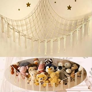 Teddy Hammock – Soft Plushy Toy Storage with LED Light – Beige Hanging Toy Hammock Net for Stuffed Animal – Preppy Room Décor for Preschool, kids room and Nursery.