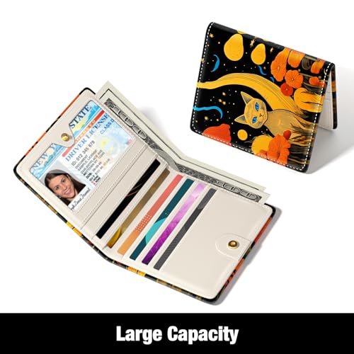Image of Rouidr Womens Wallet, RFID Small Slim Wallet for Women, Cute Bifold Leather Pocket Credit Card Holder Ladies Mini Purse with Zipper Coin Pocket & ID Window, Golden Cat