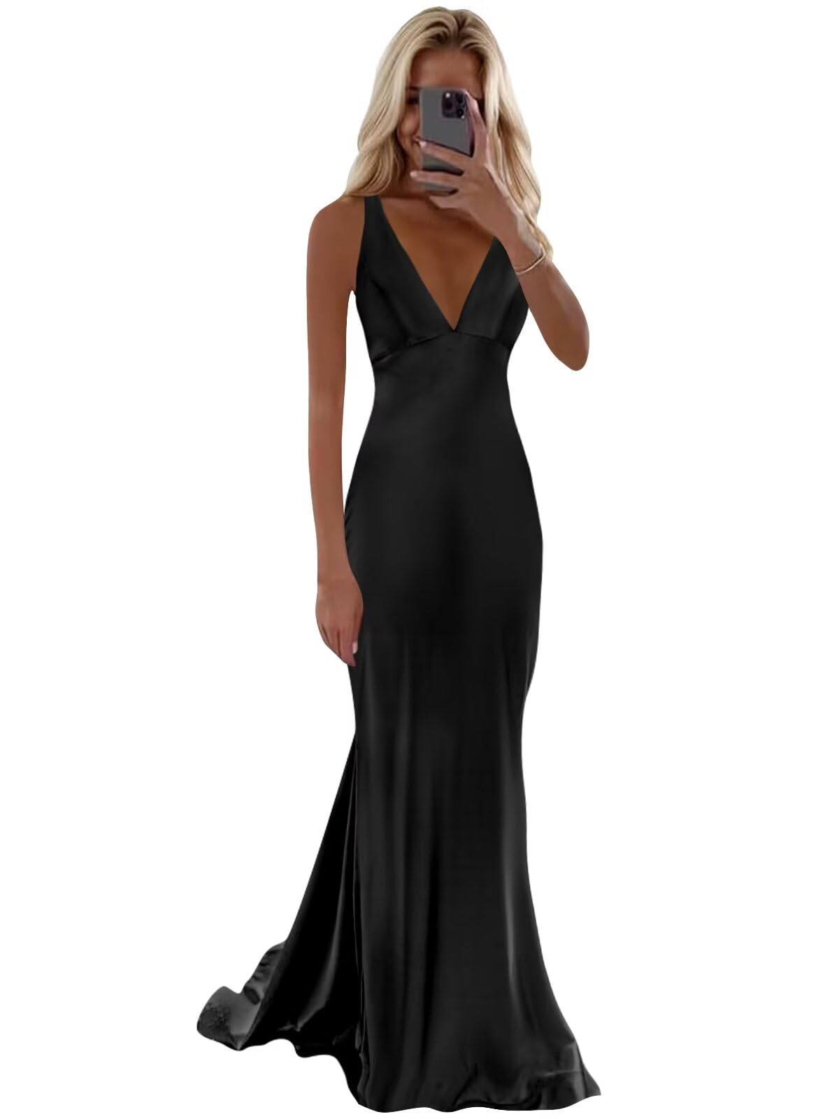 BOLENSYE Satin Prom Dresses for Women - Long Mermaid Evening Party Gown with V Neck Cowl Back Silk