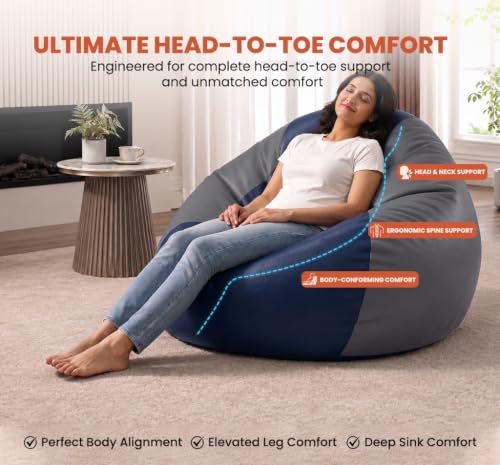 Image of Sattva Classic 3XL Bean Bag Chair with Beans Filled | Faux Leather Sofa Style Bin Bags with Filled Beans | Comfortable Seating for Adults & Teens, Home & Office - Navy Blue & Grey